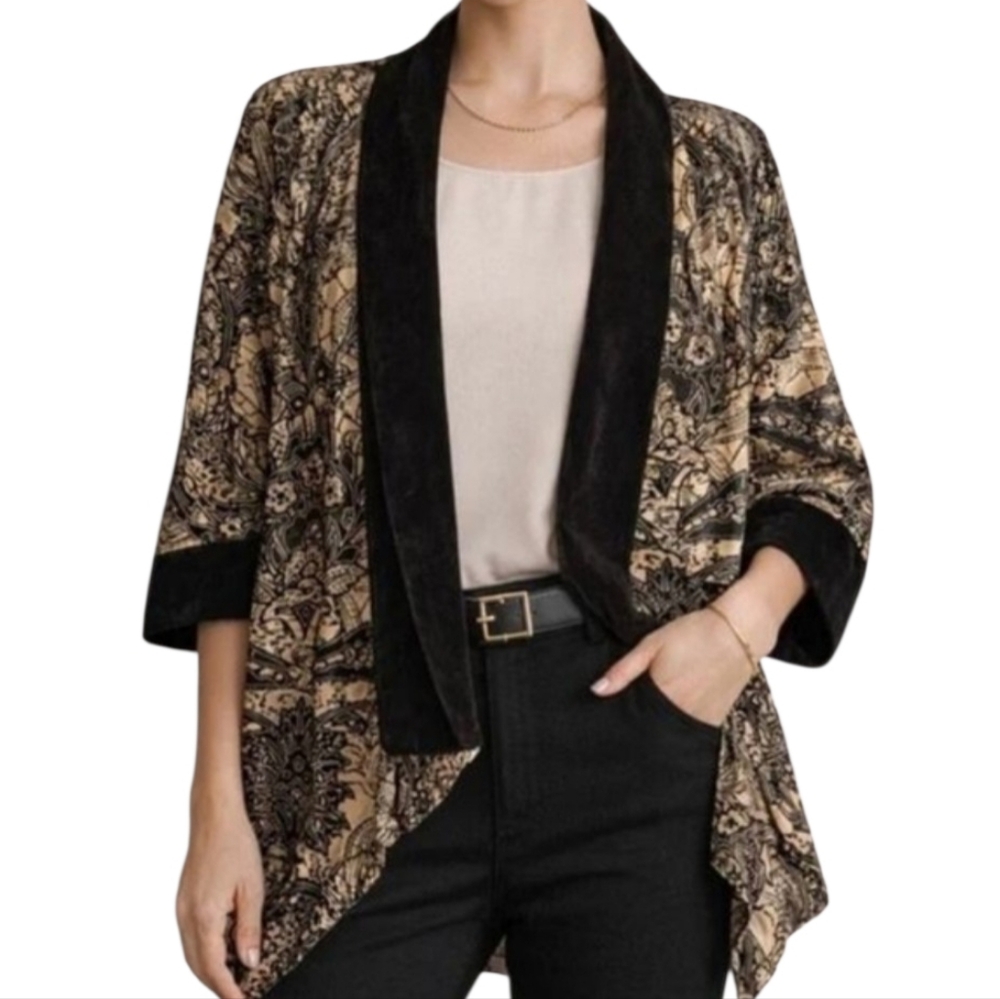 NEW! Chico's Travelers Gold Velvet Kimono Cardigan Lightweight Jacket Medium 1